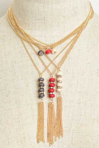 "Stone and Chain" Layered Tassel Necklaces - Assorted Colors