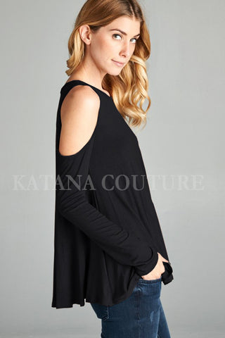 The Coldest Shoulder Long Sleeve Top in Black