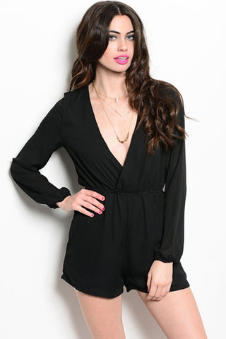 Black Deep V Long Sleeve Romper