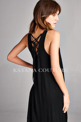 Lace-Up Back Flowy Dress - Black