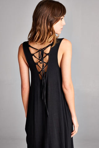Lace-Up Back Flowy Dress - Black