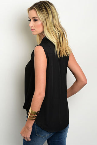 Black Sleeveless Wrap Blouse