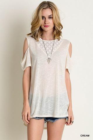 Lace Inset Cold Shoulder Top in Cream