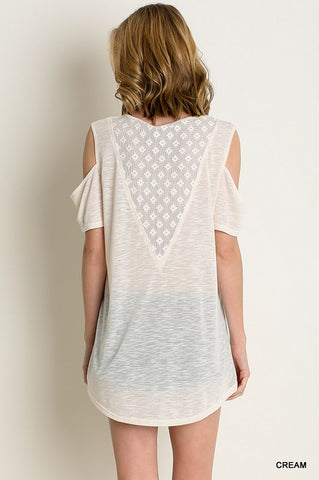 Lace Inset Cold Shoulder Top in Cream