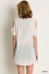 Lace Inset Cold Shoulder Top in Cream