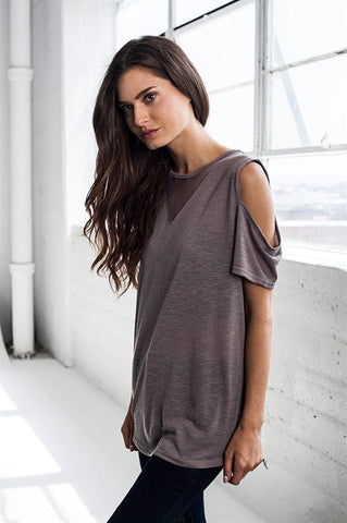 Mesh Inset Cold Shoulder Top in Mocha
