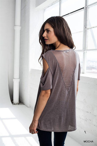 Mesh Inset Cold Shoulder Top in Mocha