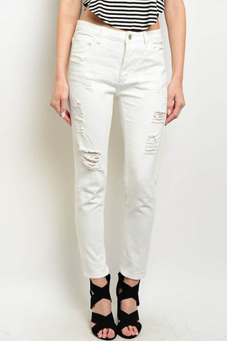 Distressed Slim Fit Capri Jeans - White