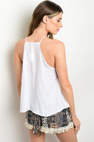 White Lace Up Flowy Tank