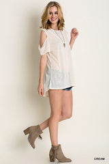 Lace Inset Cold Shoulder Top in Cream