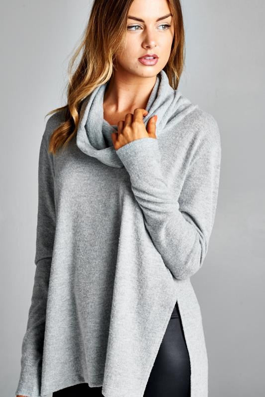 Cowl Neck Sweater Top - Heather Grey