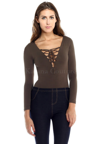 Lace Up Bodysuit - Taupe